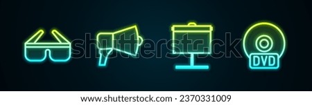 Set line 3D cinema glasses, Megaphone, Projection screen and CD or DVD disk. Glowing neon icon. Vector