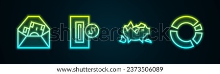 Set line Envelope with dollar symbol, Inserting coin, Broken piggy bank and Pie chart infographic. Glowing neon icon. Vector