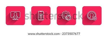Set line Location with person, Smartphone, Head hunting and Create account screen with long shadow. Red square button. Vector
