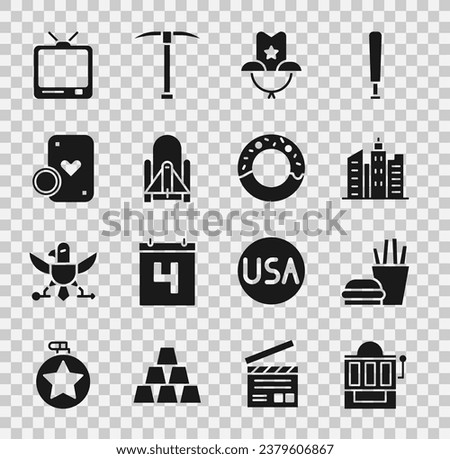 Set Slot machine, Burger and french fries, City landscape, Western cowboy hat, Rocket launch from the spaceport, Casino chip playing cards, Retro tv and Donut icon. Vector