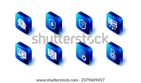 Set System bug, Shield with WiFi wireless, Server, Data, Web Hosting, Safe combination lock, Cancelled fingerprint, monitor, Create account screen and Cyber security icon. Vector