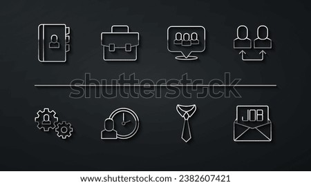 Set line Resume, Human with gear, Exchange work, Tie, Work time, Briefcase, Search job and Project team base icon. Vector