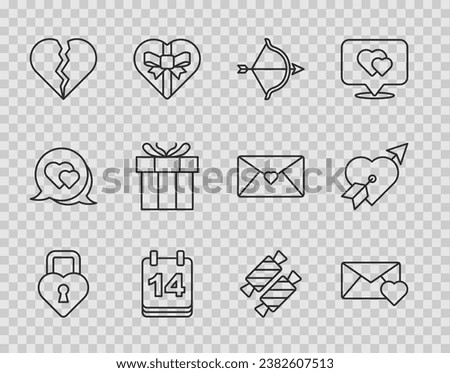 Set line Castle in the shape of heart, Envelope with Valentine, Bow and arrow, Calendar February 14, Broken or divorce, Gift box, Candy and Amour icon. Vector