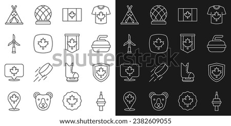 Set line TV CN Tower in Toronto, Canada flag shield, Stone for curling, Flag of, Canadian maple leaf, Wind turbine, Indian teepee wigwam and Pennant icon. Vector