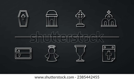 Set line Coffin with cross, Beat dead monitor, Church building, Christian chalice, Angel, Old crypt, Calendar death and Grave icon. Vector