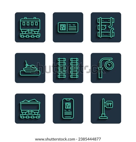 Set line Coal train wagon, E-ticket, Cafe and restaurant location, Broken rails railway, Railway, railroad track, Plate with food, Passenger cars and Train station clock icon. Vector