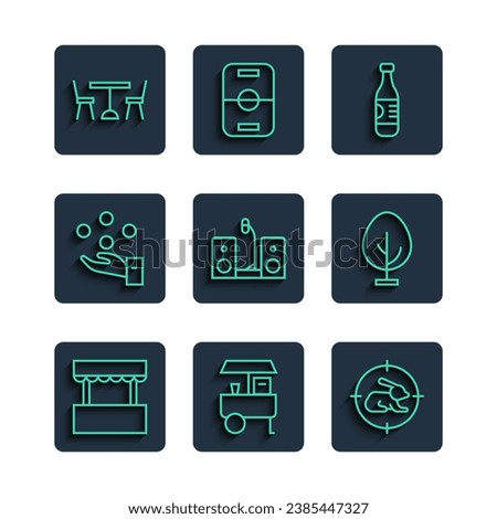 Set line Ticket box office, Fast street food cart, Hunt on rabbit with crosshairs, Bottle water, Home stereo two speakers, Juggling ball, Picnic table chairs and Tree icon. Vector