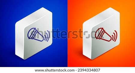 Isometric line Wireless microphone icon isolated on blue and orange background. On air radio mic microphone. Speaker sign. Silver square button. Vector