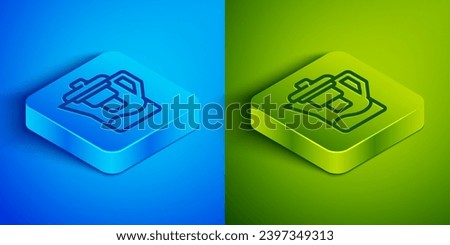 Isometric line Water jug with a filter icon isolated on blue and green background. Square button. Vector Illustration