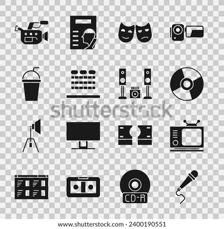 Set Microphone, Retro tv, CD or DVD disk, Comedy and tragedy masks, Cinema auditorium with seats, Paper glass straw, camera and Home stereo two speakers icon. Vector