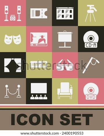 Set CD or DVD disk, Microphone, Online play video, Comedy and tragedy masks, Home stereo with two speakers and Projection screen icon. Vector
