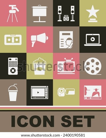 Set Online play video, Film reel, Home stereo with two speakers, Megaphone, VHS cassette tape, Tripod and Cinema poster icon. Vector