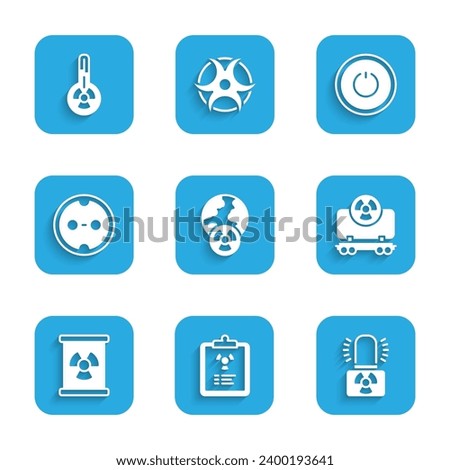 Set Planet earth and radiation, Radiation warning document, Radioactive lamp, cargo train, waste barrel, Electrical outlet, Power button and Meteorology thermometer icon. Vector