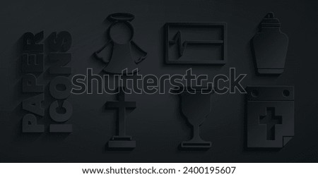 Set Christian chalice, Funeral urn, Grave with cross, Calendar death, Beat dead in monitor and Angel icon. Vector
