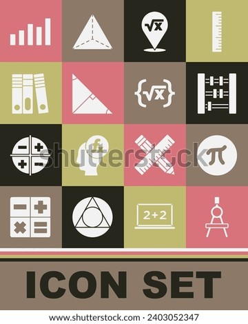 Set Drawing compass, Pi symbol, Abacus, Square root of x glyph, Angle bisector triangle, Office folders, Graph, schedule, chart, diagram and  icon. Vector