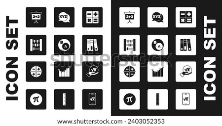 Set Calculator, Subsets, math, is subset of b, Abacus, Chalkboard, Office folders, XYZ Coordinate system, Square root x glyph and  icon. Vector