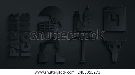 Set Pickaxe, Calendar with date July 4, Grand canyon, Buffalo skull, City landscape and American football helmet icon. Vector