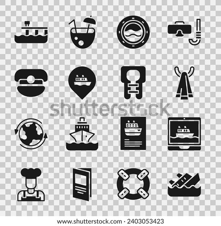 Set Sinking cruise ship, Cruise, Towel on a hanger, Ship porthole with seascape, Location, Captain hat, Beach pier dock and Life jacket icon. Vector