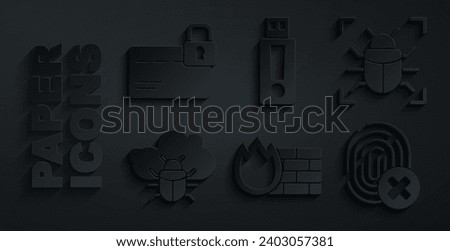 Set Firewall, security wall, System bug, on cloud, Cancelled fingerprint, USB flash drive and Credit card with lock icon. Vector
