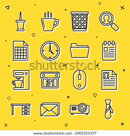 Set line Tie, Resume, Spiral notebook, Trash can, Clock, File document, Push pin and Document folder icon. Vector