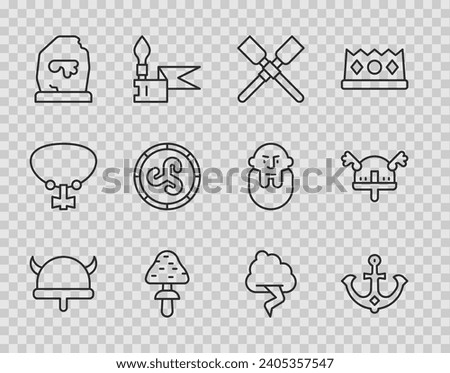 Set line Viking in horned helmet, Anchor, Oars paddles boat, Mushroom, Magic rune, Shield viking, Cloud and lightning and  icon. Vector