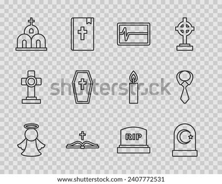 Set line Angel, Muslim cemetery, Beat dead in monitor, Holy bible book, Church building, Coffin with cross, Tombstone RIP written and Tie icon. Vector