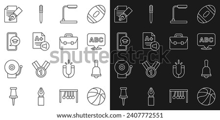 Set line Basketball ball, Ringing bell, Alphabet, Table lamp, Exam sheet with plus grade, Graduation cap on mobile, and pencil and Briefcase icon. Vector