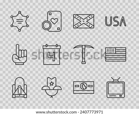 Set line Rocket launch from the spaceport, Retro tv, Flag Confederate, Western cowboy hat, Hexagram sheriff, Calendar with date July 4, Stacks paper money cash and American flag icon. Vector