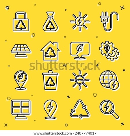 Set line Lightning bolt, Global energy power planet, Leaf plant gear machine, Solar panel, Eco House with recycling, Paper bag recycle and Location leaf icon. Vector