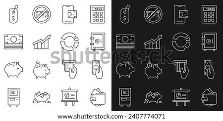 Set line Wallet with money, Fast payments, Safe, Mobile banking, Financial growth increase, Stacks paper cash, Price tag dollar and Pie chart infographic icon. Vector