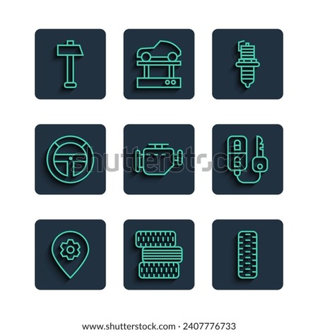 Set line Location with car service, Car tire wheel, spark plug, Check engine, Steering, Hammer and key remote icon. Vector