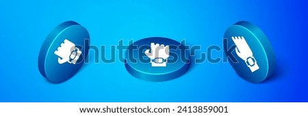 Isometric Smart watch on hand icon isolated on blue background. Fitness App concept. Blue circle button. Vector