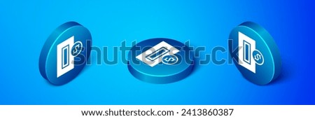 Isometric Hand inserting coin to a slot on a vending machine or arcade machine icon isolated on blue background. Blue circle button. Vector