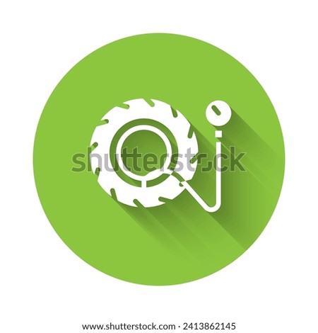 White Tire pressure gauge icon isolated with long shadow. Checking tire pressure. Gauge, manometer. Car safe concept. Green circle button. Vector Illustration