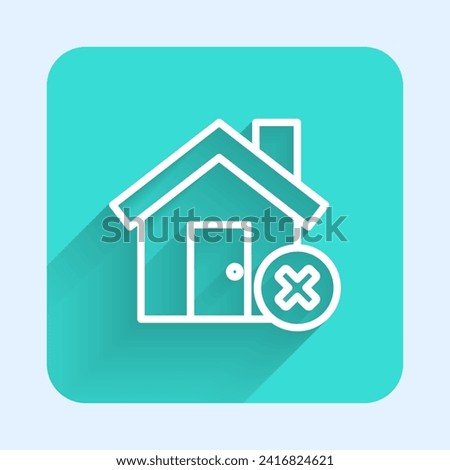 White line House with wrong mark icon isolated with long shadow. Home and close, delete, remove symbol. Green square button. Vector Illustration
