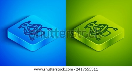 Isometric line Snowmobile icon isolated on blue and green background. Snowmobiling sign. Extreme sport. Square button. Vector Illustration