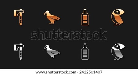 Set Wooden axe, Albatross, Bottle of vodka and  icon. Vector