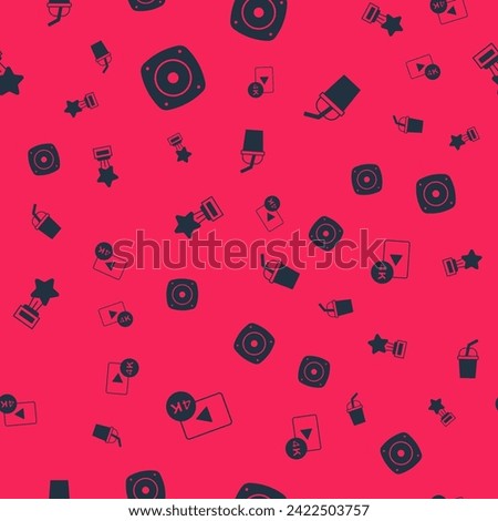 Set Screen tv with 4k, Stereo speaker, Movie trophy and Paper glass water on seamless pattern. Vector