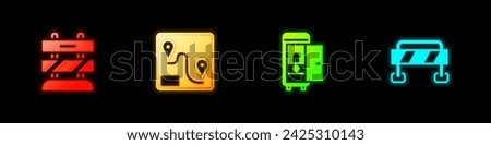 Set End of railway tracks, Route location, Toilet in the train car and Road barrier icon. Vector