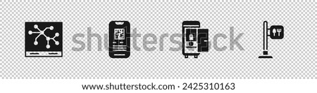 Set Railway map, E-ticket train, Toilet the car and Cafe and restaurant location icon. Vector