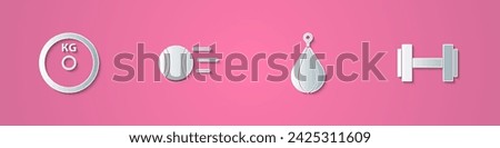 Set paper cut Weight plate, Tennis ball, Punching bag and Dumbbell icon. Paper art style. Vector