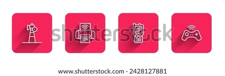 Set line Satellite dish, Smart printer system, Walkie talkie and Wireless gamepad with long shadow. Red square button. Vector