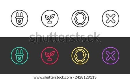 Set line Electric plug, Plant based, Recycle symbol and X Mark, Cross in circle on black and white. Vector