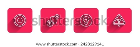 Set line Power button, Radioactive exchange energy, Light bulb with concept of idea and Triangle radiation with long shadow. Red square button. Vector