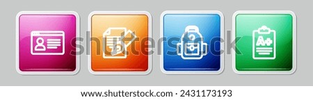 Set line Online class, Exam sheet and pencil, School backpack and with A plus grade. Colorful square button. Vector
