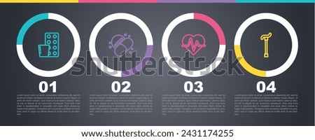 Set line Pills in blister pack, Medicine pill or tablet, Heart rate and Walking stick cane. Business infographic template. Vector