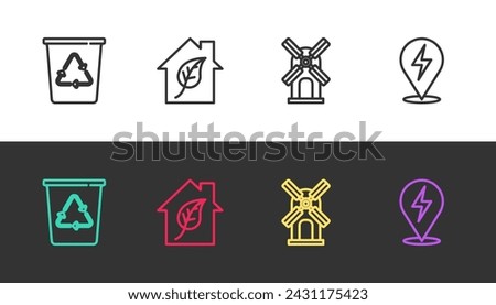 Set line Recycle bin with recycle, Eco friendly house, Wind turbine and Lightning bolt on black and white. Vector