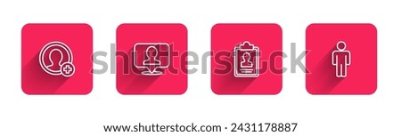 Set line Create account screen, Location with person, Clipboard resume and User of man with long shadow. Red square button. Vector