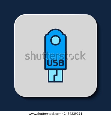 Filled outline USB flash drive icon isolated on blue background.  Vector