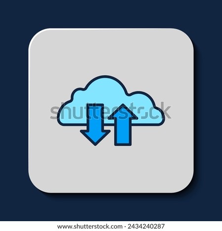 Filled outline Cloud download and upload icon isolated on blue background.  Vector